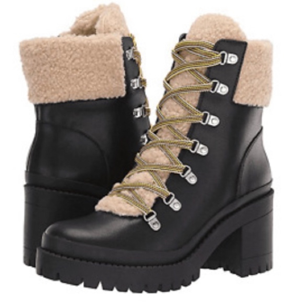 Steve Madden Black Leather Combat Boots with Cream Shearling Trim